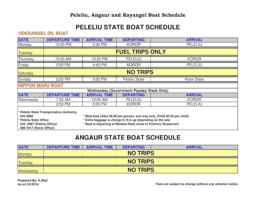 Angaur Peleliu Kayangel Koror Boat Schedule